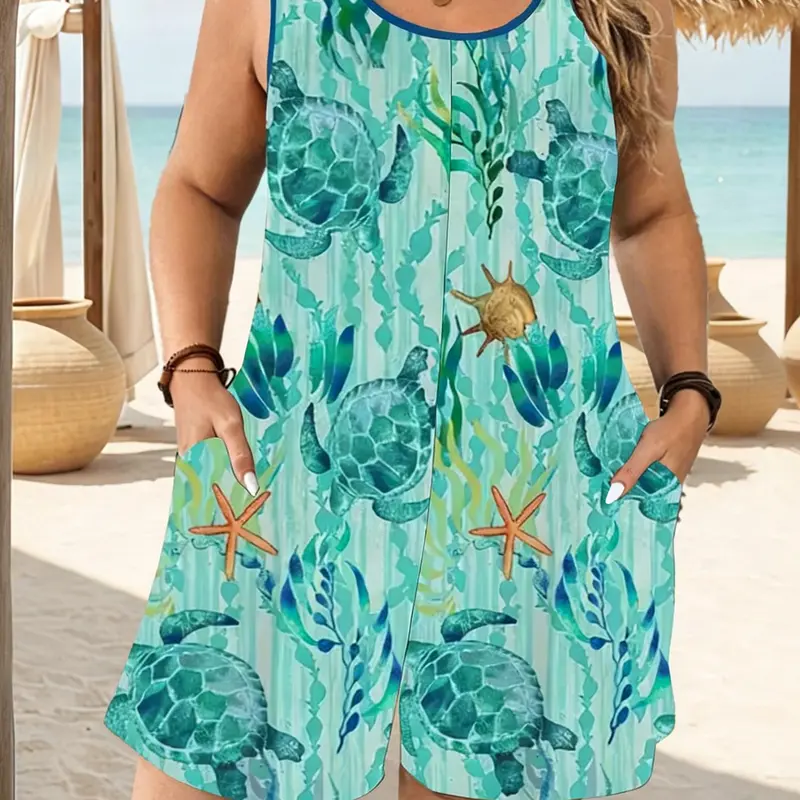 Women's Print Loose-Fitting Sleeveless Romper with Pocket, Summer Beach Fashion Round Neck Short Overalls, Casual Vacation Style, Loose Fit Rompers, Plus Size Womenswear