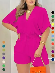 Women's Plain Drawstring Shirred Waist Fitted V Neck Romper, Casual Half Sleeve Zipper Back High Waist Romper for Summer, Fashion Women's Clothing for Daily Wear Womenswear Lady