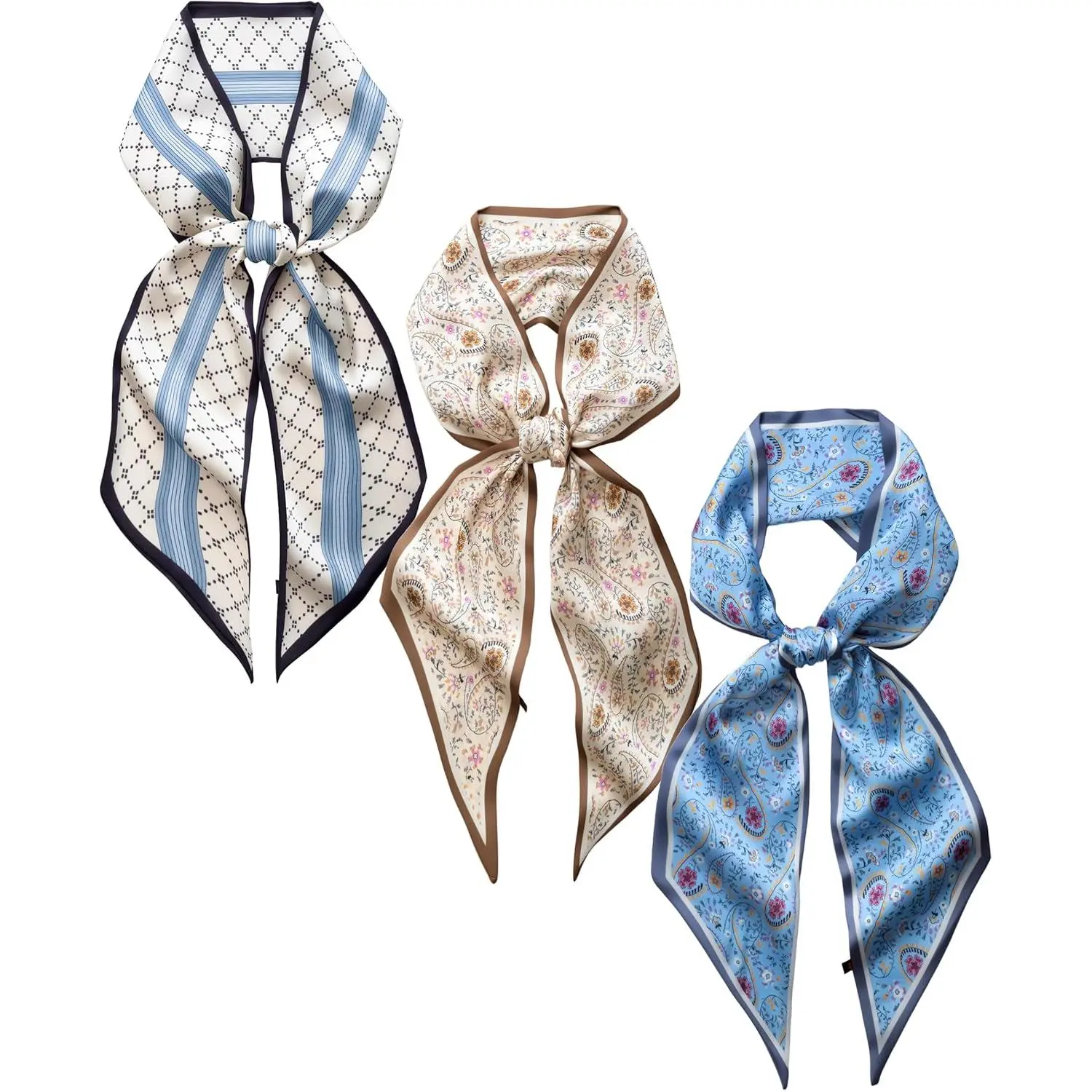 Women's Casual 3-Pack Fashion Headscarf Set - Polyester Silky Satin Twilly, 59" Long Wrinkle-Free Multi-Patterns Wrap for Hair, Neck, Purse Handles, Gift Set