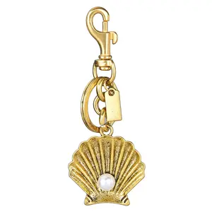 Vintage Shell Pearl Keychain, Metal Aged Finish, Universal Car Key Charm, Elegant Bag Pendant