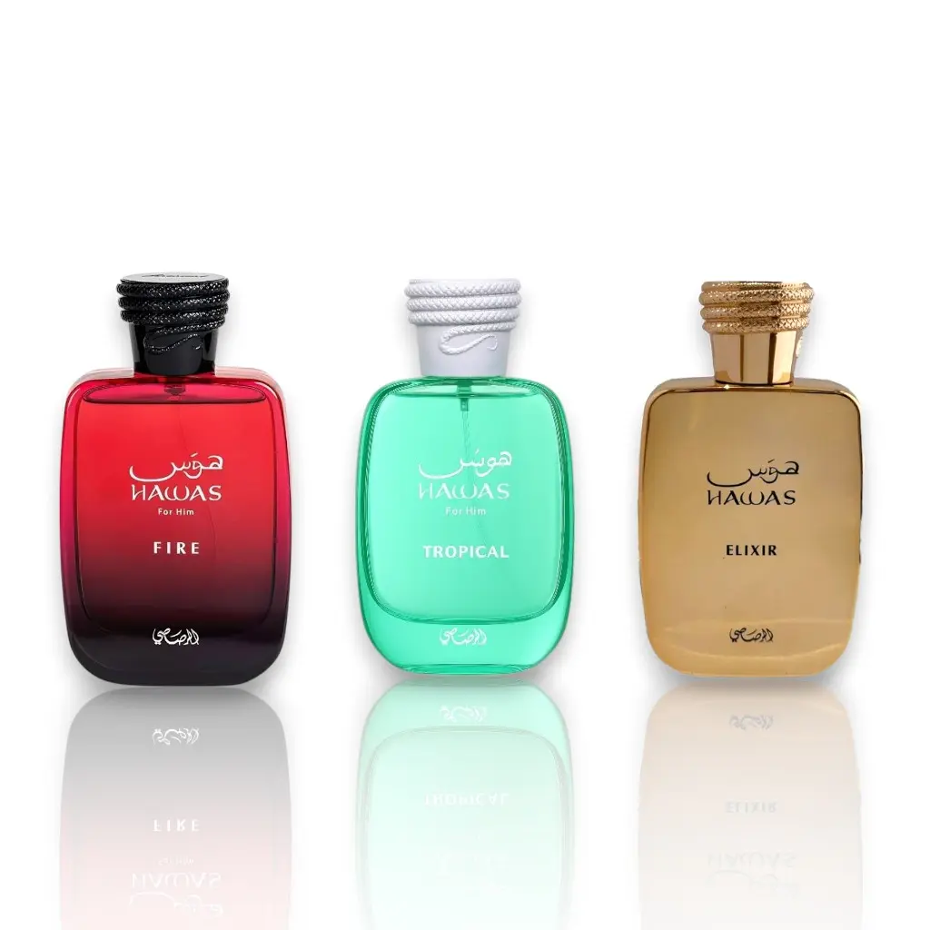 Rasasi Men's Multi-Pack Eau De Parfum (EDP) Set - Hawas Fire, Hawas Elixir, Hawas Tropical - 100 ML (3.4 oz) Aromatic Citrusy Fragrance with Bergamot & Aquatic Notes, Long-Lasting Scent