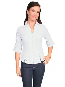 Scully Women's Western Loose-Fitting Cotton Crochet Floral Blouse - 0.75-Sleeve Button-Up Top with Button Cuffs, White, Large, Lace Accents, Matching Bottom Option