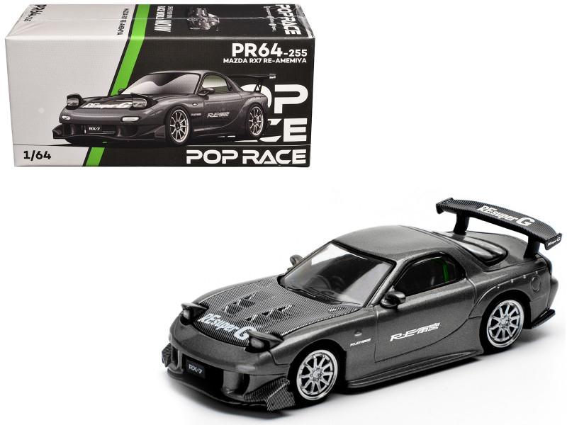 Mazda RX7 (FD) "RE Amemiya" Widebody RHD Gunmetal Gray Metallic with Carbon Hood 1/64 Diecast Model Car by Pop Race