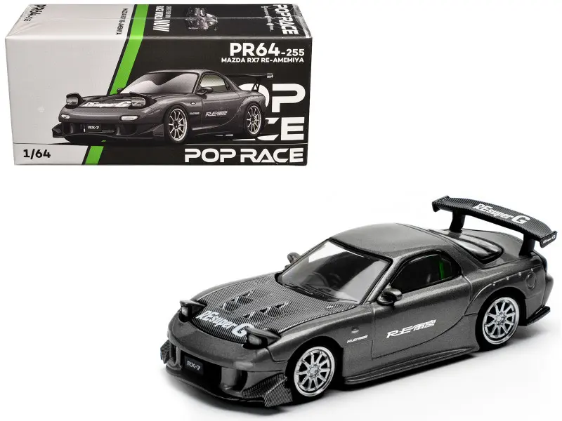 Mazda RX7 (FD) "RE Amemiya" Widebody RHD Gunmetal Gray Metallic with Carbon Hood 1/64 Diecast Model Car by Pop Race