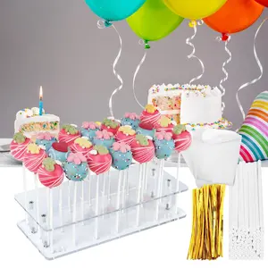 Clear Acrylic Cake Pop Kit, 21 Holes Cake Pop Stand, with 100 Cake Pop Sticks and 100 Wrappers, Cake Pop Making Accessories for Weddings Birthday Parties Halloween