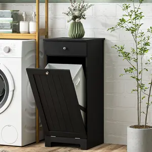 Black Freestanding Bathroom Floor Cabinet with Tilt-Out Laundry Hamper, Hidden Dirty Clothes Bin, Storage Drawer, Towel & Toiletry Organizer, Ideal for Bathroom, Laundry Room