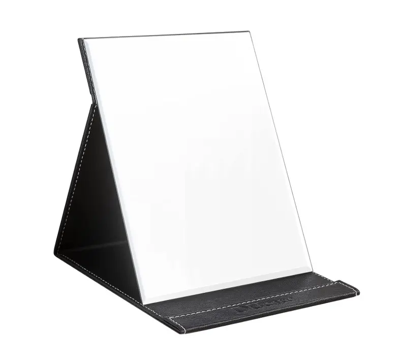 Folding Mirror Portable Travel PU Portable Adjustable Rectangular Ultrathin Vanity Mirror with Stand Black