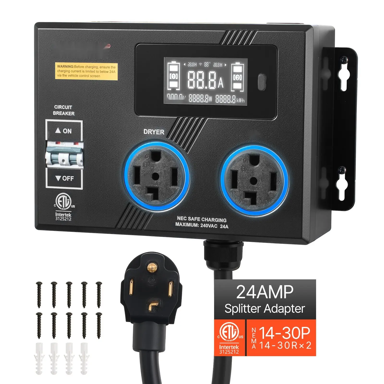 Automatic EV Charging Switch With NEMA 14-30, 24A 240V Splitter For Dryer And EV Charger, Smart Power Distribution With Circuit Breaker, Real-Time Display, ETL Listed For EVs, Ovens, And Dishwashers