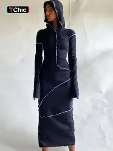 Women's Plain Drop Shoulder Hooded Bodycon Dress, Casual Long Sleeve Solid Long Dress for Fall & Winter, Women's Clothing