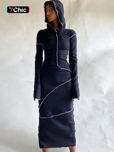 chic minimalist plain drop shoulder longsleeves hooded bodycon dress, womenswear, long sleeve solid long dresses, womenswear, lady please purchase a size up