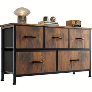 Dresser for Bedroom with 5 Fabric Drawers, Tall Chest Organizer Units for Clothing, Closet, Living Room, Storage Tower with Cabinet, Metal Frame, Wooden Top, Lightweight Furniture, 39.4 X 11.8 X 20.9in