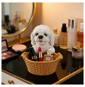 Poodle Puppy Statue with Basket, Resin Dog Figurine Key Holder - Cute Teddy Dog Dcor for Entryway, Pet Owner Gift Brown+Yellow + Resin