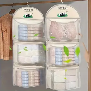 3-Layer Hanging Grid Organizer for Bras Socks Underwear, Space-Saving Wall-Mounted Storage Rack, Breathable Fabric with Transparent Pockets