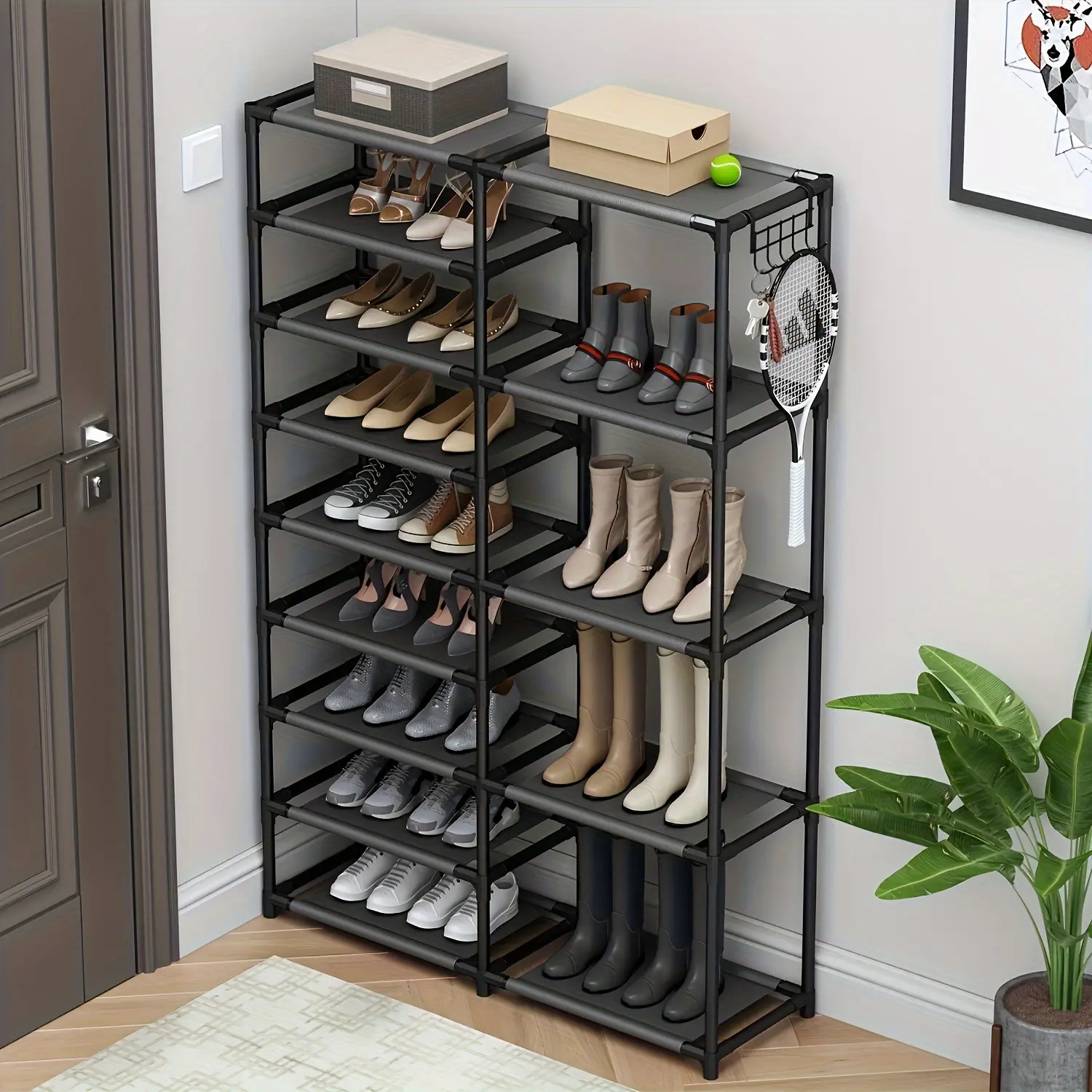 9-Tier Freestanding Shoe Rack, Large-Capacity Organization Solution for 24-35 Pairs, Durable Metal Boot Rack with Hooks for Garage & Entryway - Footwear Storage