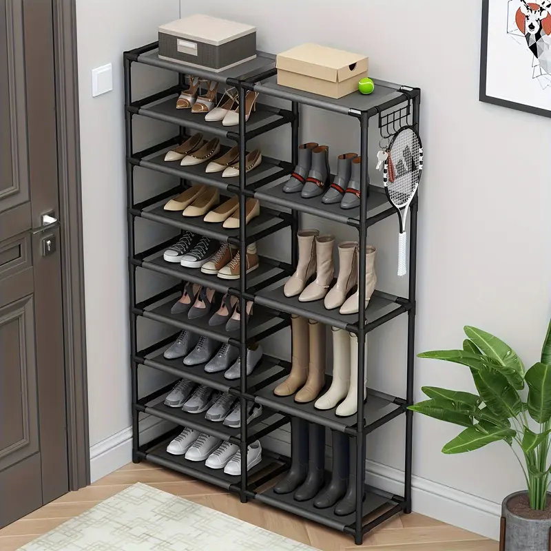 9-Tier Durable Freestanding Metal Frame Shoe Rack Organizer with Hooks, Corrosion Resistant Multi-Level Space Saver Shelving for 24-35 Pairs, Assembly Required Home Storage Organization Solution for Garage, Entryway