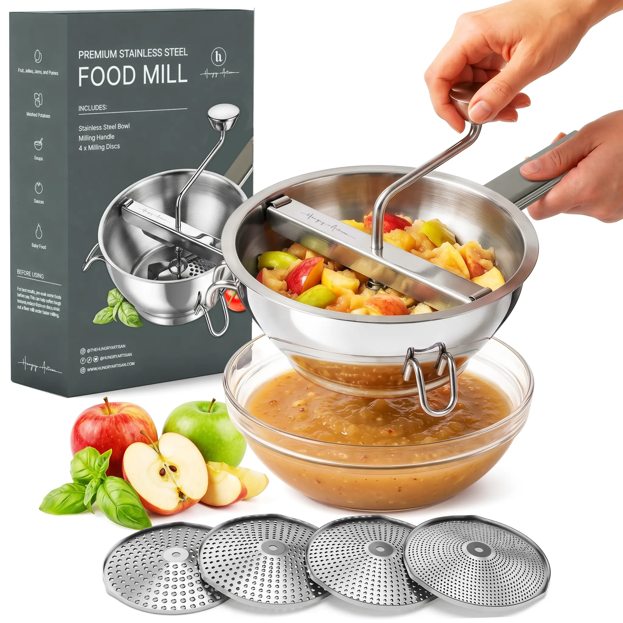 Hungry Artisan Upgraded 4-Disc Stainless Steel Food Mill - Ergonomic Rotary, Rust-Resistant, Easy-Clean Colander for Tomato Sauce, Baby Food, Mashed Potatoes | Premium Rustic Kitchen Household Product