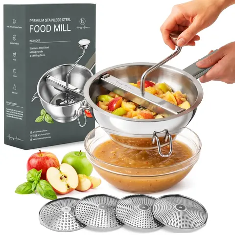 Hungry Artisan Upgraded 4-Disc Stainless Steel Food Mill - Ergonomic Rotary, Rust-Resistant, Easy-Clean Colander for Tomato Sauce, Baby Food, Mashed Potatoes | Premium Rustic Kitchen Household Product