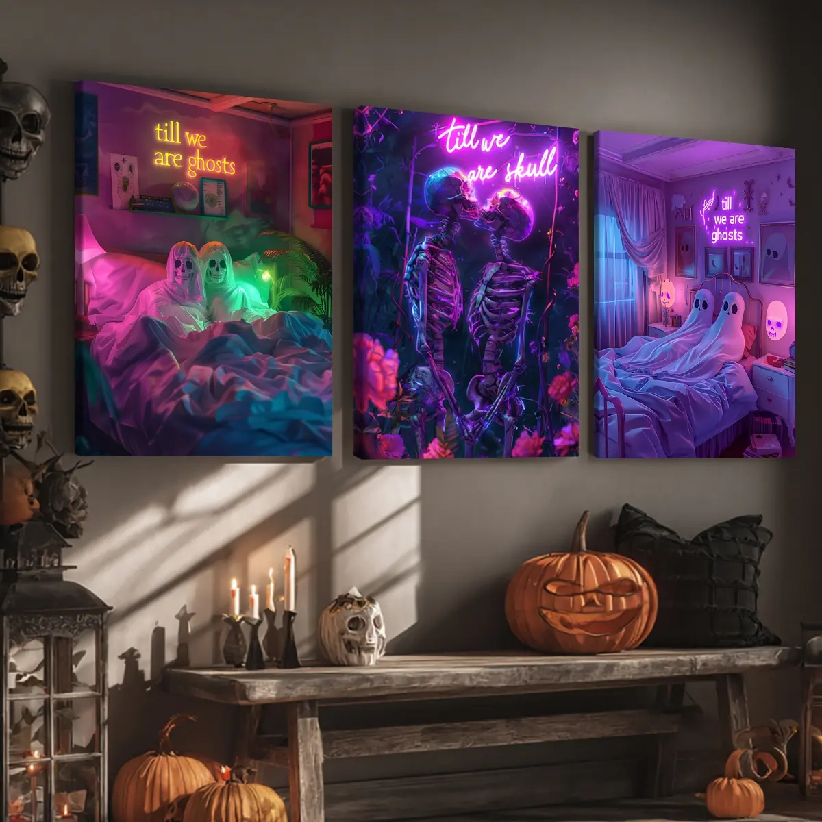 3 Counts Wooden Framed Canvas, Funny Skeleton Ghost Poster, Halloween Home Poster, Halloween Party Decorations, Living Room And Bedroom Hanging Paintings, Horror Theme, Interesting Posters, Exquisite Gifts, High-Definition Art