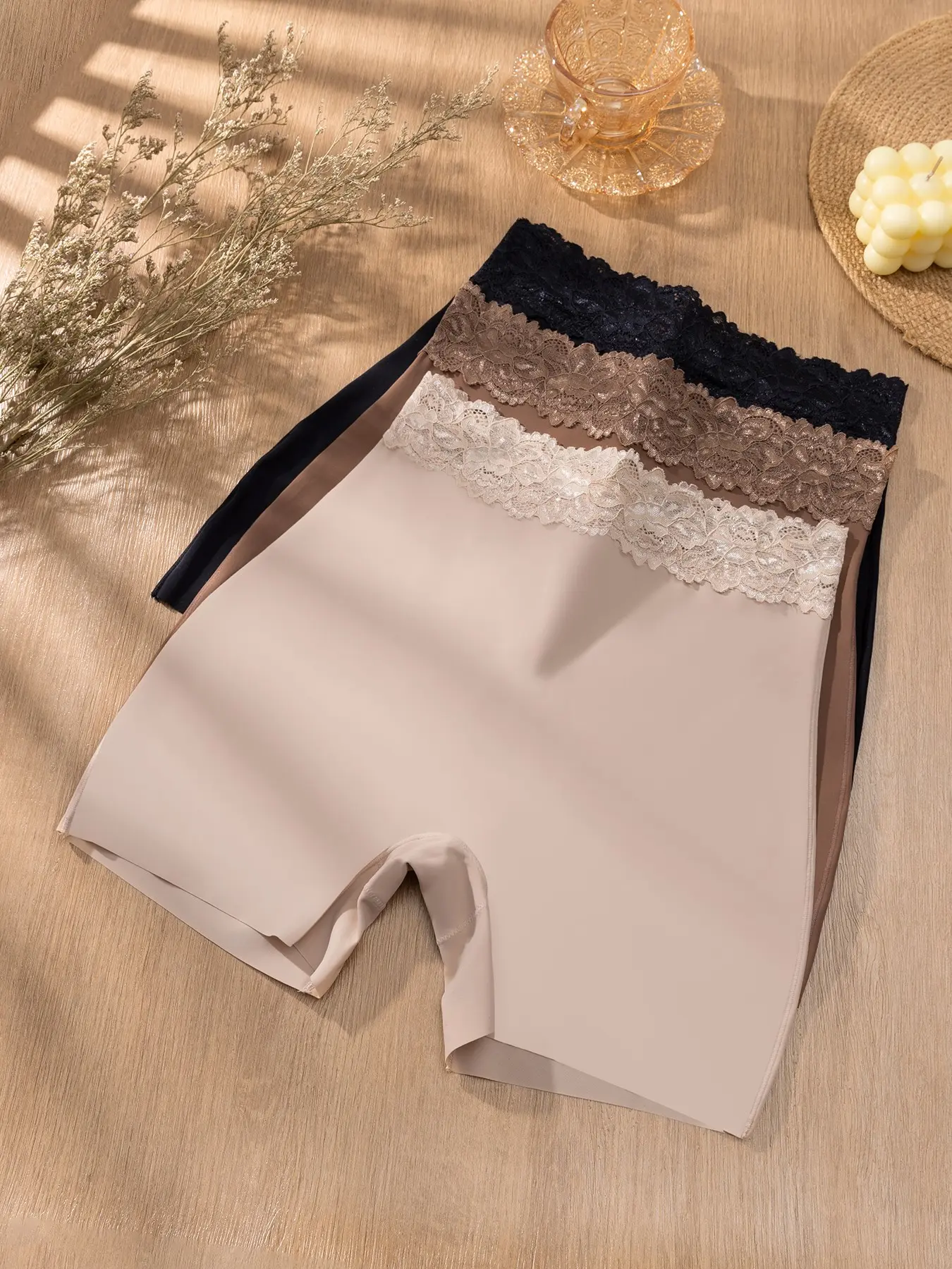 Women's Ice Silk Seamless Fit Shapewear, High Waist Lace Trim Elegant Underwear, Stretchy Butt Lifting Bodysuit, Casual Sporty Bottoms, 3 Pcs Set