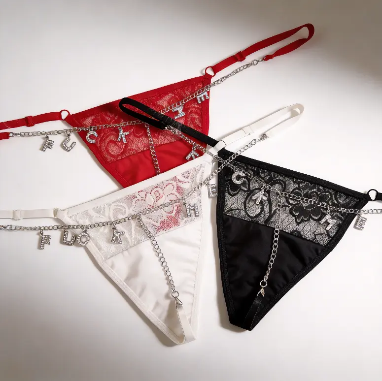Women's Rhinestone Crystal & Silver Letter G-String Thongs - Comfortable Soft Cotton Lace Bridal Panties for Party, Role Play & Special Occasions, Breathable