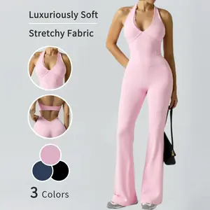 Women's Sexy Backless Halter Neck Yoga Jumpsuit - Seamless Breathable Stretchy Workout Bodysuit with Ultra-Long Length, High-Waisted Square Neck & Contrast Color Blocking for Yoga, Gym,Fitness Apparel, Stretch Fabric, Onepiece Activewear, Gym Wear