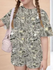 Girls' Tree Pattern Printed Short Sleeve Shorts Set, Summer Casual Outdoor, Loose-Fitting Two-Piece Suit, Casual Fashion Set
