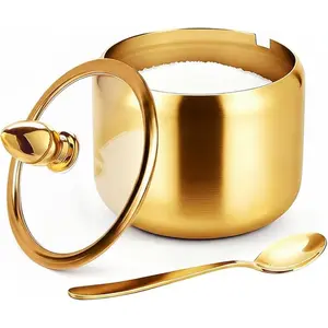 Coffee Bar Accessories Sugar Container with Glass Lid and Spoon, 10oz Gold Sugar Bowl for Kitchen Storage, Sugar Jar for Salt, Candy, Coffee Bean, Gold