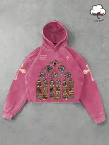 American Vintage Washed Church Stained Glass Print Hoodie, Short Loose Fit Cross Top, Casual Spring & Fall Fashion