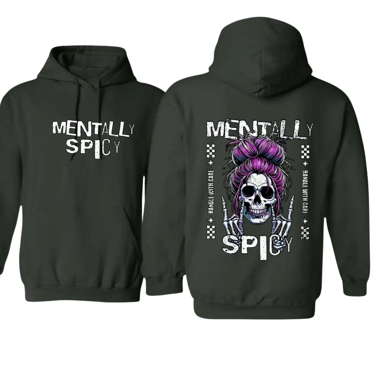 Men's Classic Graphic Hoodie with Messy Bun Skull Print, Soft Cotton Blend Long Sleeve Pullover with Spandex for Streetwear