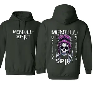 [graphic hoodies]Mentally Spicy Hoodie – Sassy Skull with Purple Messy Bun and Skeleton Hands – Funny Unisex Sweatshirt with "Handle With Care" Vibes for Spicy Souls