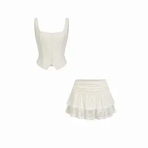 Cider Square Neck Floral Lace Cropped Top & Ruched Ruffled Mini Skirt Set SwimWeek