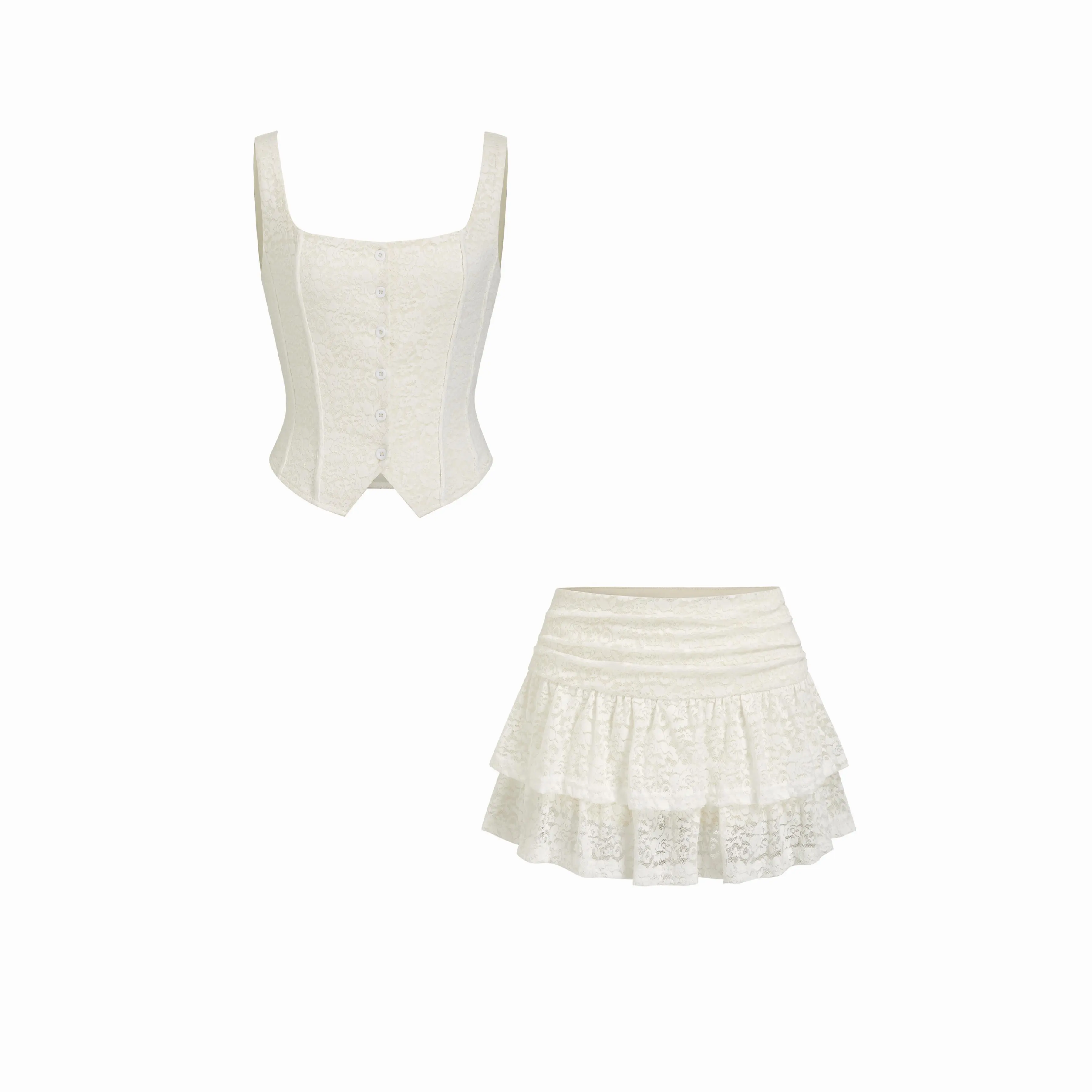 Cider Square Neck Floral Lace Cropped Top & Ruched Ruffled Mini 