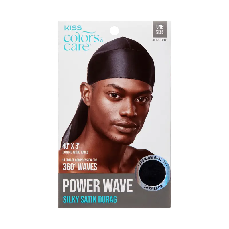 Kiss Colors & Care Power Wave Silky Satin Durag - Black | Silk Durag, Wave Cap, One Size, Hair Accessories