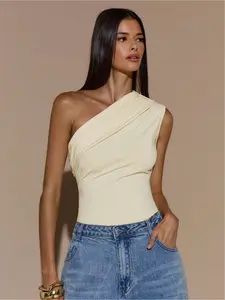 Women's Apricot Color Asymmetric Neck Elegant Bodysuit, Minimalist Basic Slim-Fit Design, Autumn Winter Camisole, Apricot Top