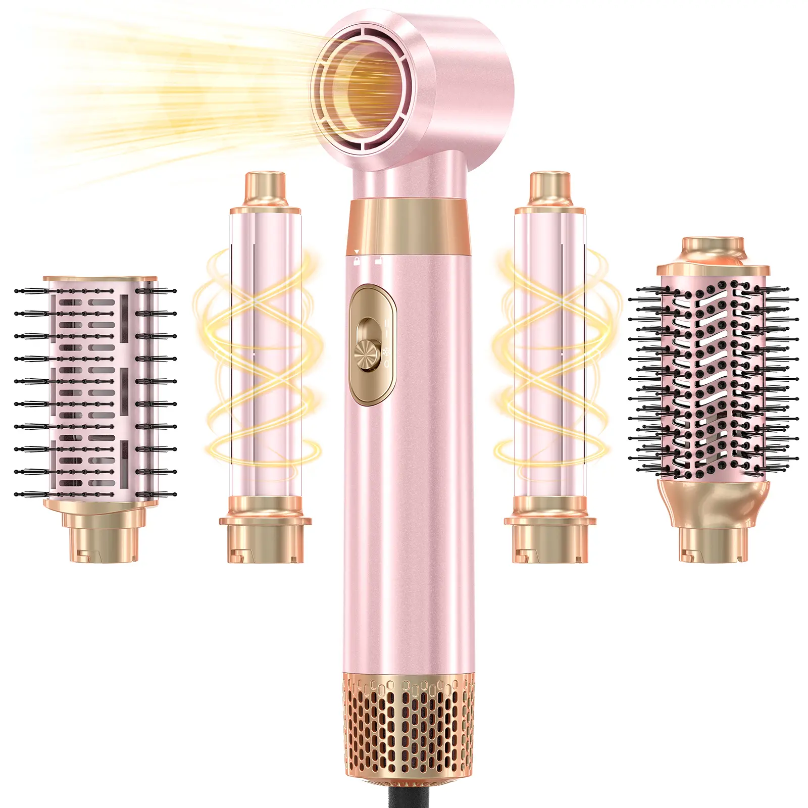 SNUGLUV-5 in 1 Blow Dryer Brush Set, Upgrade Hair Dryer & Blow Dryer Brush & Air Curling Wrap & Paddle Brush, Detachable Hot Air Brush Styling Tools, High Speed Travel Hair Volumizer Straightener Curler Pink