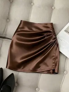 New Asymmetrical Hem High Waist Bodycon Pleated Mini Skirt for Women, Spring Summer Fashion, Shiny Finish, Tight Fit, Assorted Colors