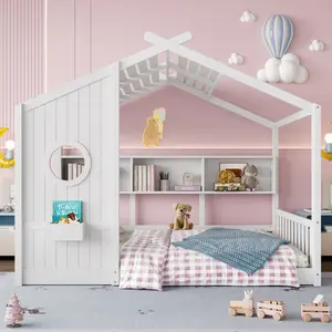 【Bellemave】Full/Twin Size Floor House Bed for Toddler, Kids Montessori Bed  with Storage Shelf, Playhouse Bed with Roof Design, WhiteTwin