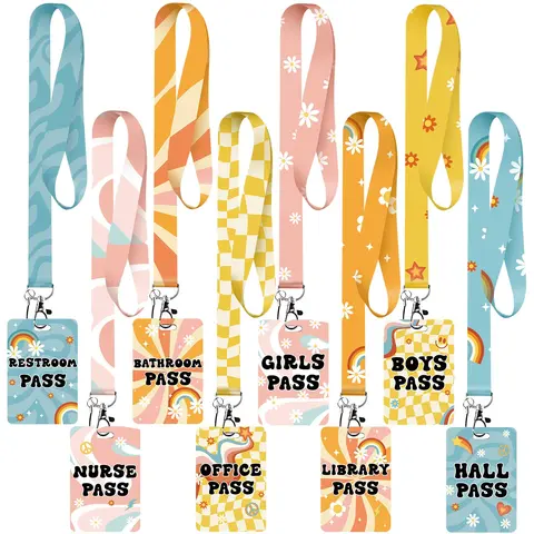 6/16 Pcs Hall Pass Set with Lanyards for Teachers, Christmas & Thanksgiving Teacher Gift, 6cm/2.6inch Classroom Bathroom Nurse Office Library Passes for Elementary & Middle School, First Day of School Classroom Setup & Student Management Supplies