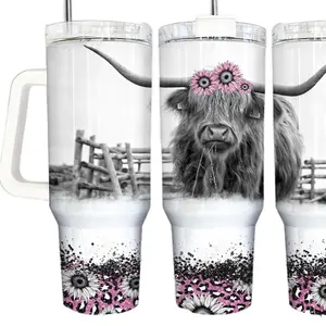 Highland Cow 40oz Tumbler - Highland Cow Design with Flower Accents, Ideal for Drinkware - Bottle cup