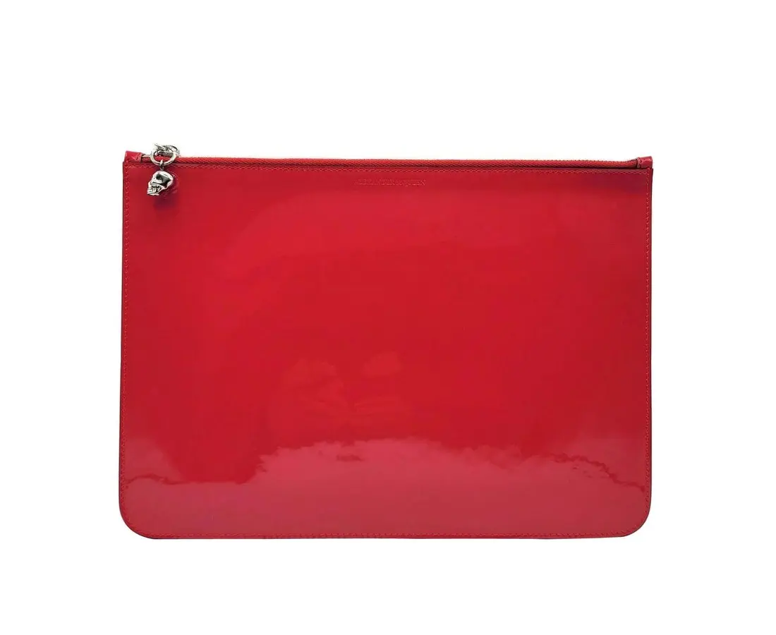 Pre-owned Alexander McQueen Patent Leather Small Leather Goods Women's Hot Pink Skull Large Pouch