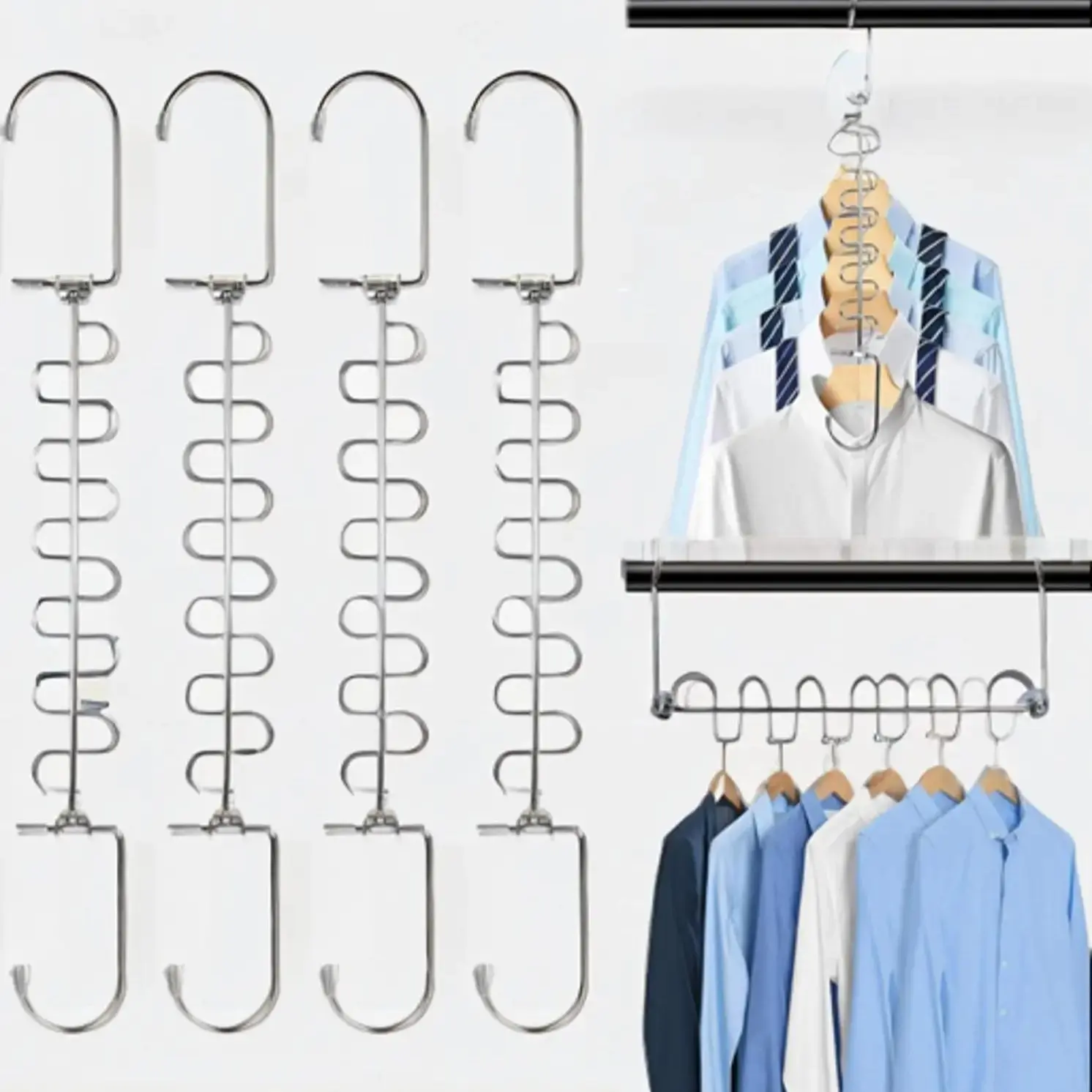 4 Pack Metal Space Saving Hangers, Stainless Steel Space Saver Hangers for Clothes, Magic Cascading Space Saving Closet Clothing HangerOrganizer Space