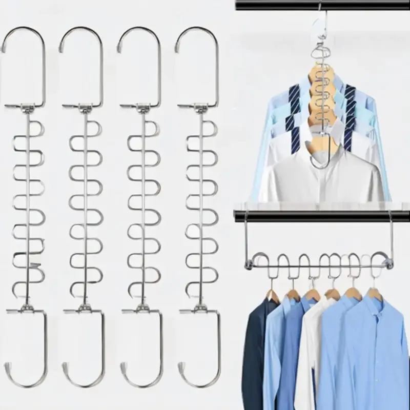 4 Pack Metal Space Saving Hangers, Stainless Steel Space Saver Hangers for Clothes, Magic Cascading Space Saving Closet Clothing HangerOrganizer Space