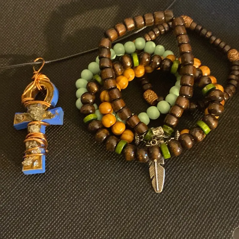 Pyrite Ankh Wood Necklace with wooden bracelets
