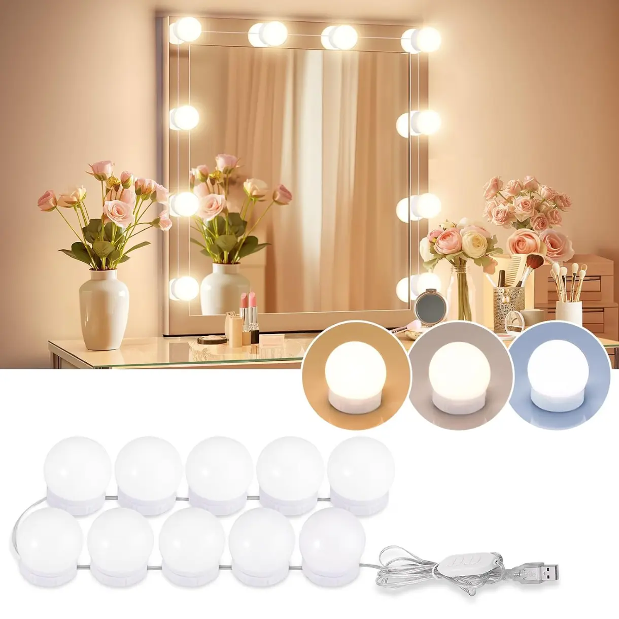 10-Dimmable-Bulb LED Vanity Mirror Lights, Adjustable Color & Brightness, USB-Powered Stick-On Lights for Makeup Table, Dressing Room