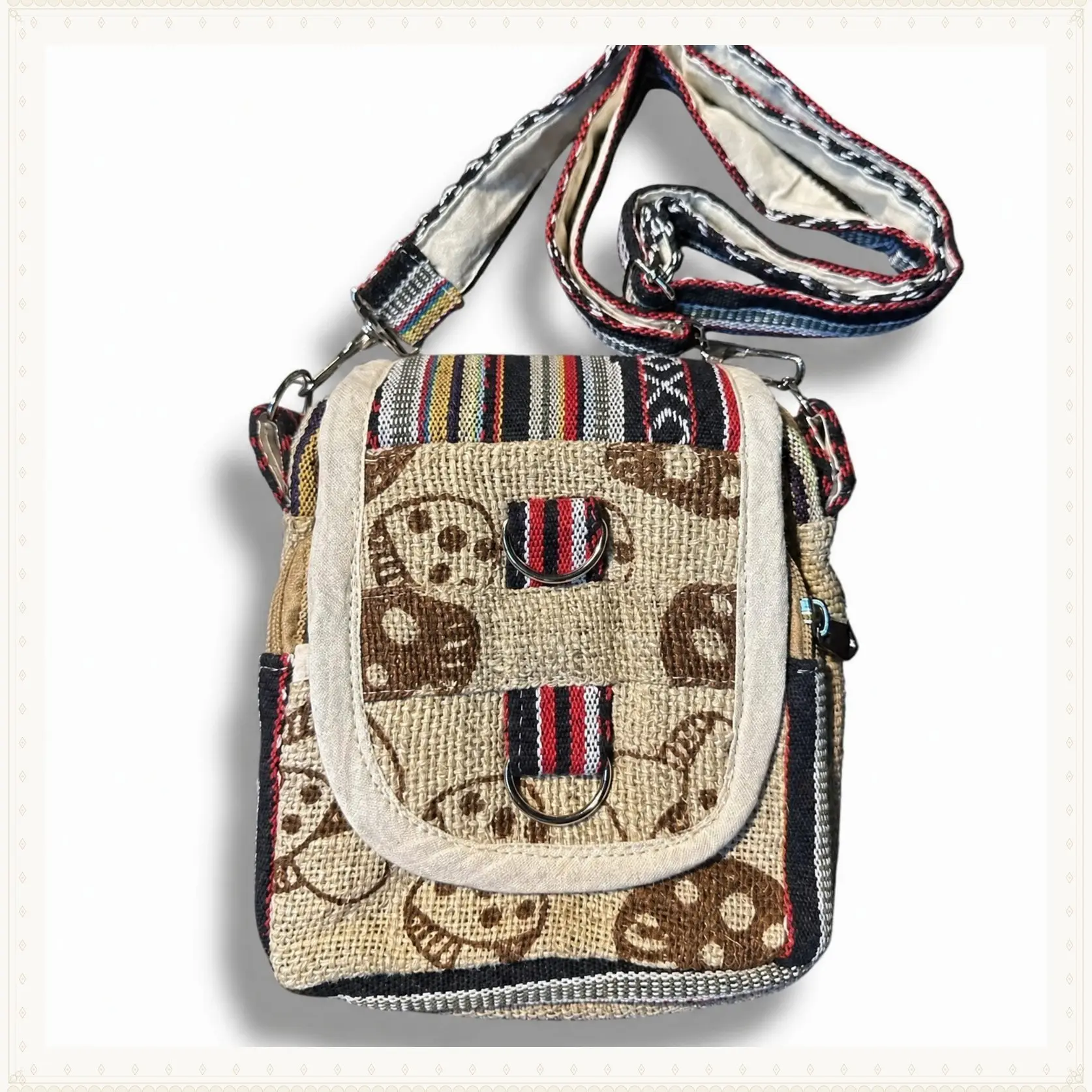 Mushroom print Hemp/cotton 5 pocket bag shoulder bag Hippie