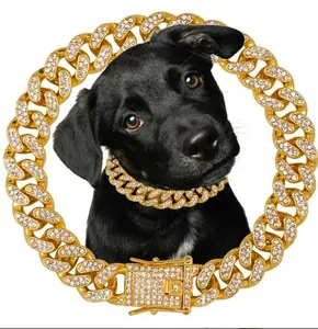 Mini Dog Chain Diamond Collar 18K Gold Plated Walking Metal Chain 12 mm Wide Necklace with Secure Buckle Pet Cuban Style Collar Jewelry Accessories for Small Medium Large Dog Cats