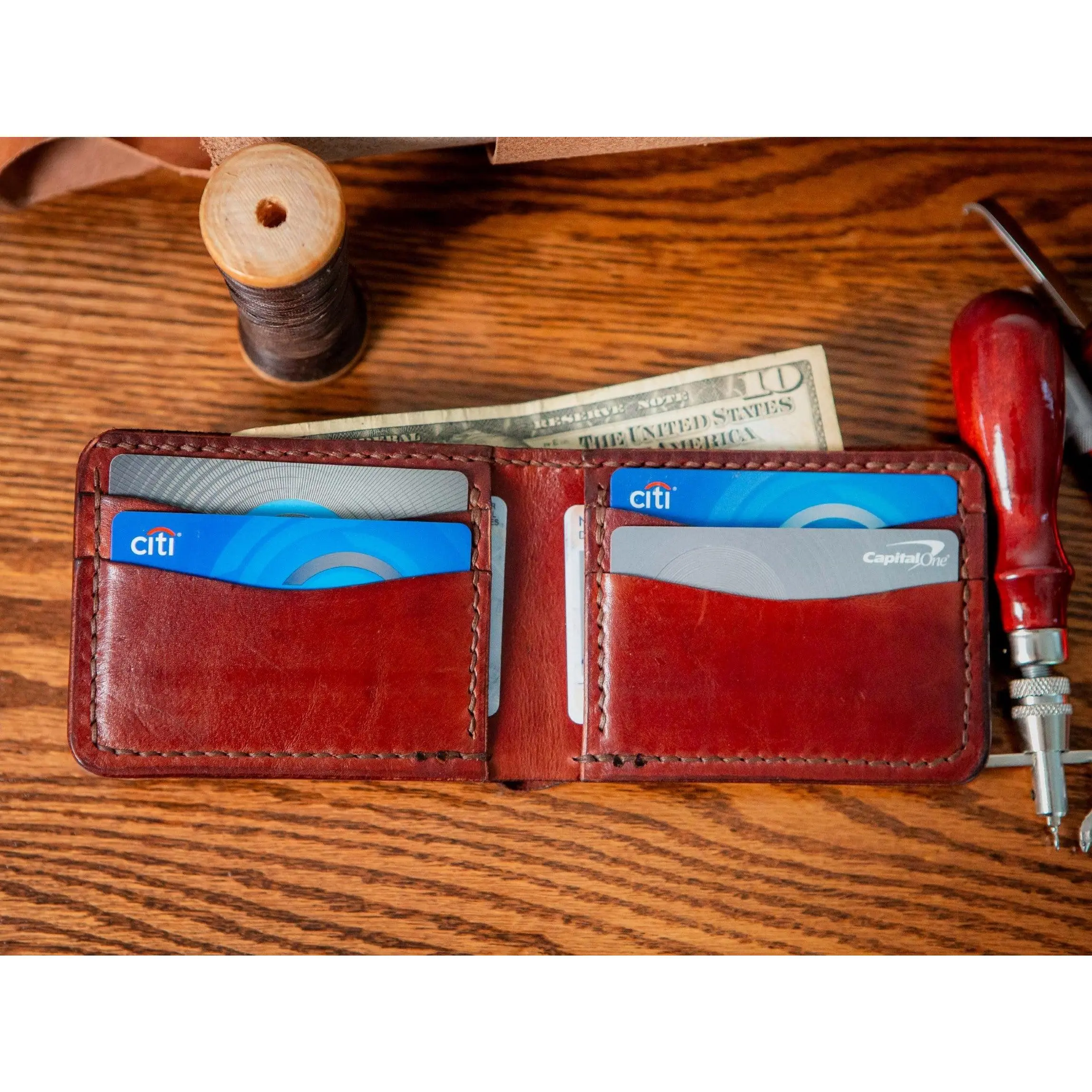 Basket Weave Mahogany/Black Hand Tooled Veg Tan Leather Bi fold Wallet with Oak Leaves