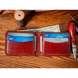 Basket Weave Mahogany/Black Hand Tooled Veg Tan Leather Bi fold Wallet with Oak Leaves