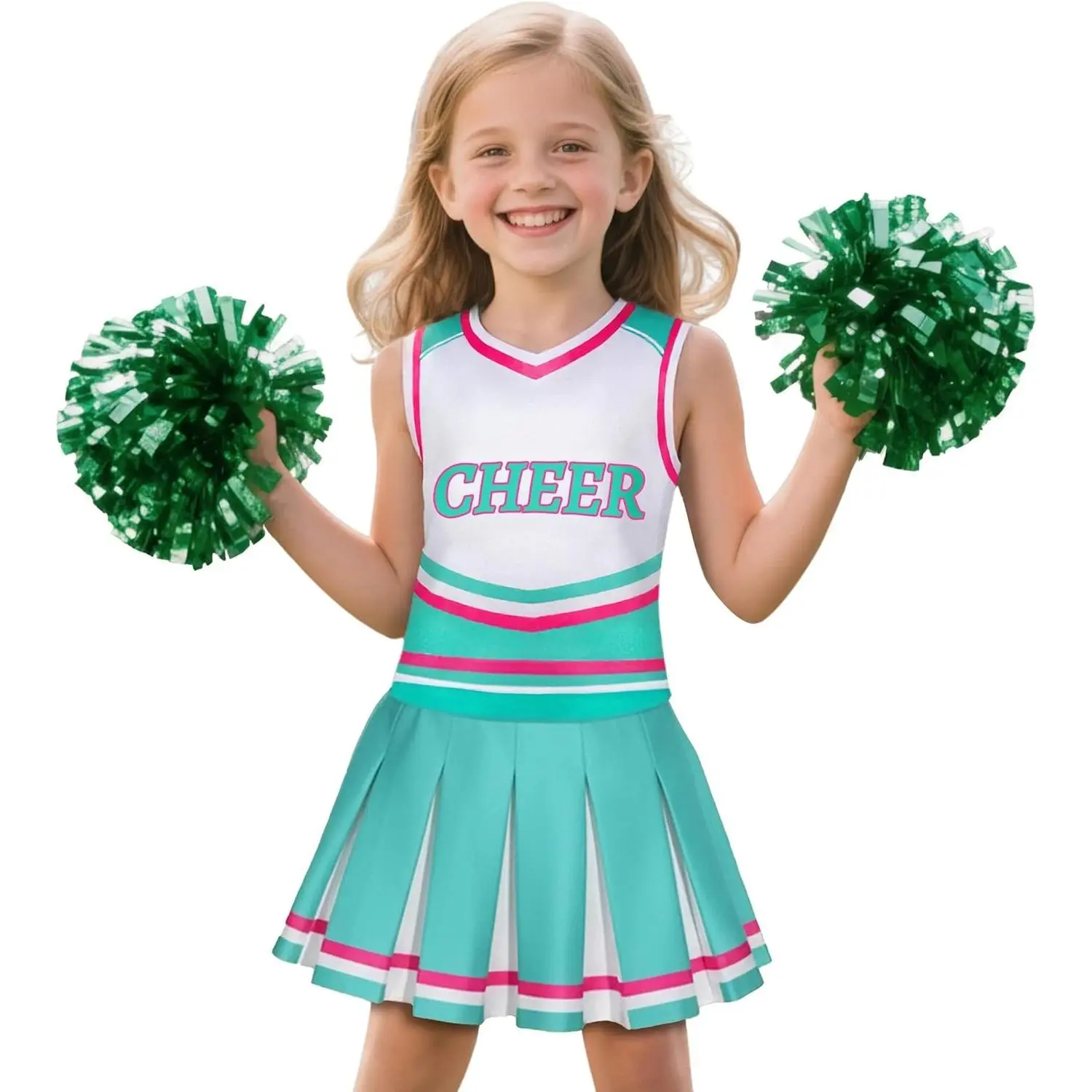 Cheerleader Costume for Girls Cheerleading Outfit with Pom Poms Halloween Party Dress Up