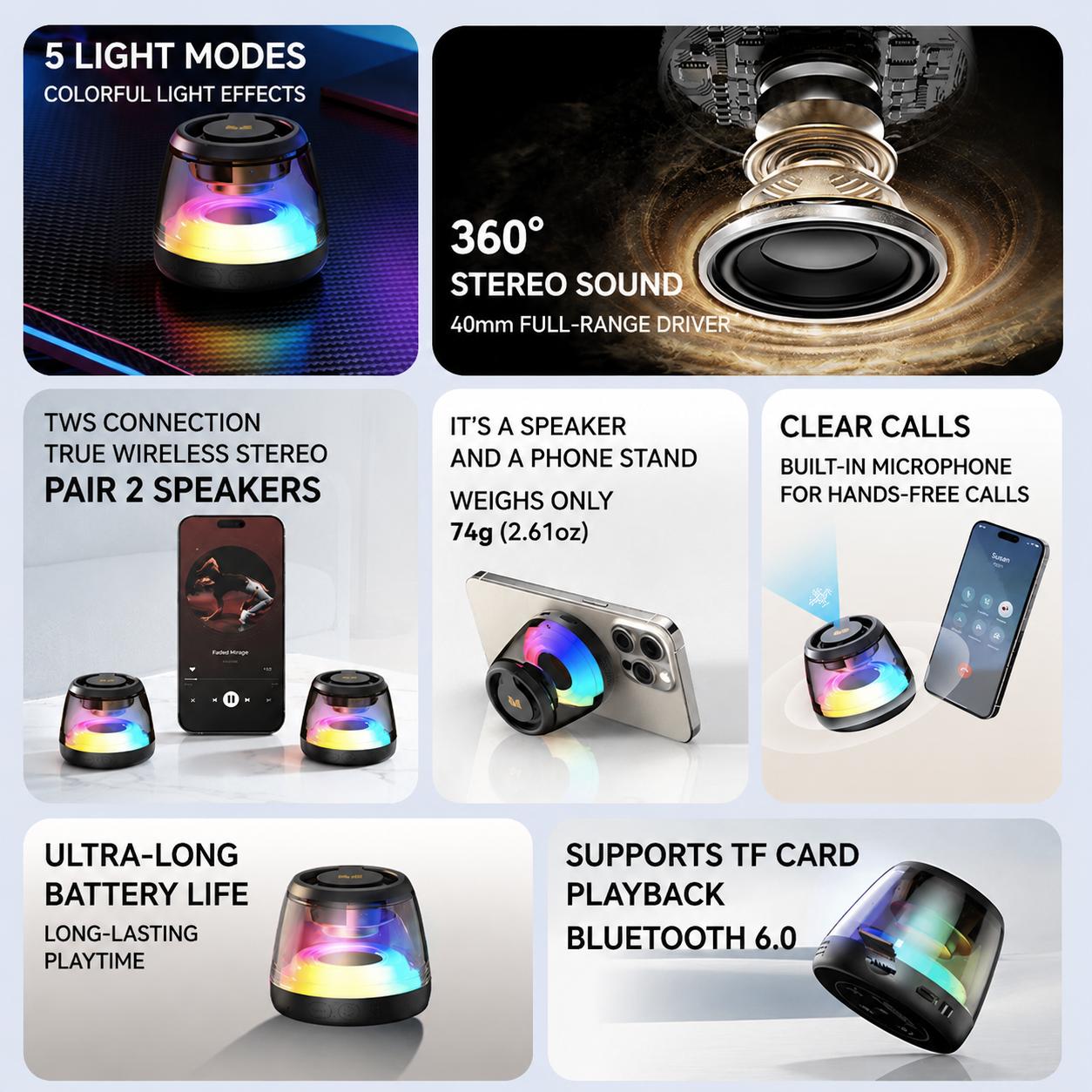 Monster Portable Mini Wireless Bluetooth Speaker, RGB Light Show, TWS Stereo Sound, 2 Speakers Pairing, 360° Surround Sound, Magnetic Suction, TF Card Support, Bluetooth 6.0, Ultra-Long Battery Life, for Home, Outdoor, Party - SummerWins - DealsForYouDays detail 4